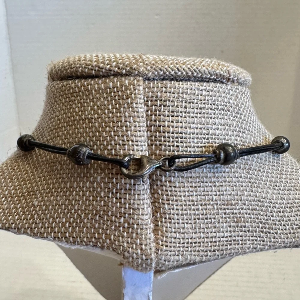 Sterling Silver Round Puffer Circle Discs Leather Cord Necklace Made in Italy - Picture 9 of 16